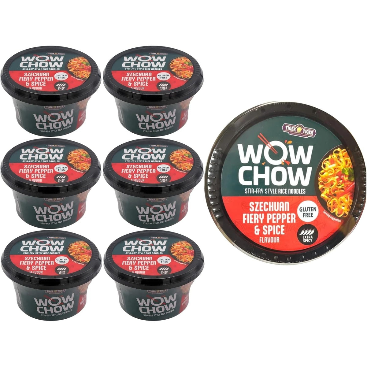 Six packs of Tiger Tiger WOW CHOW stir-fry style instant rice noodles, 76g each, ready-to-eat Asian noodle snack.
