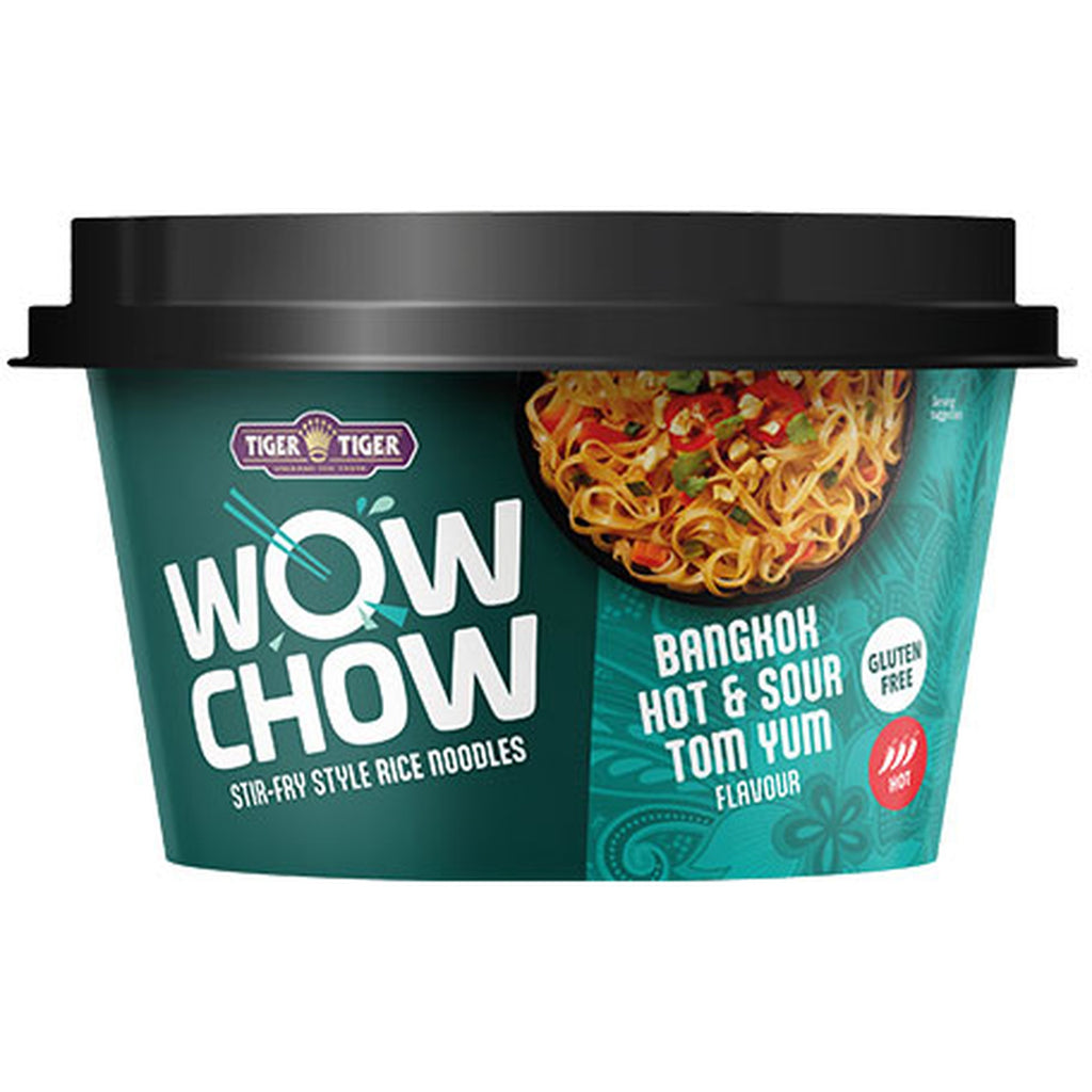 Six packs of Tiger Tiger WOW CHOW stir-fry style rice noodles in 76g packages, ready for quick and easy Asian-inspired meals.