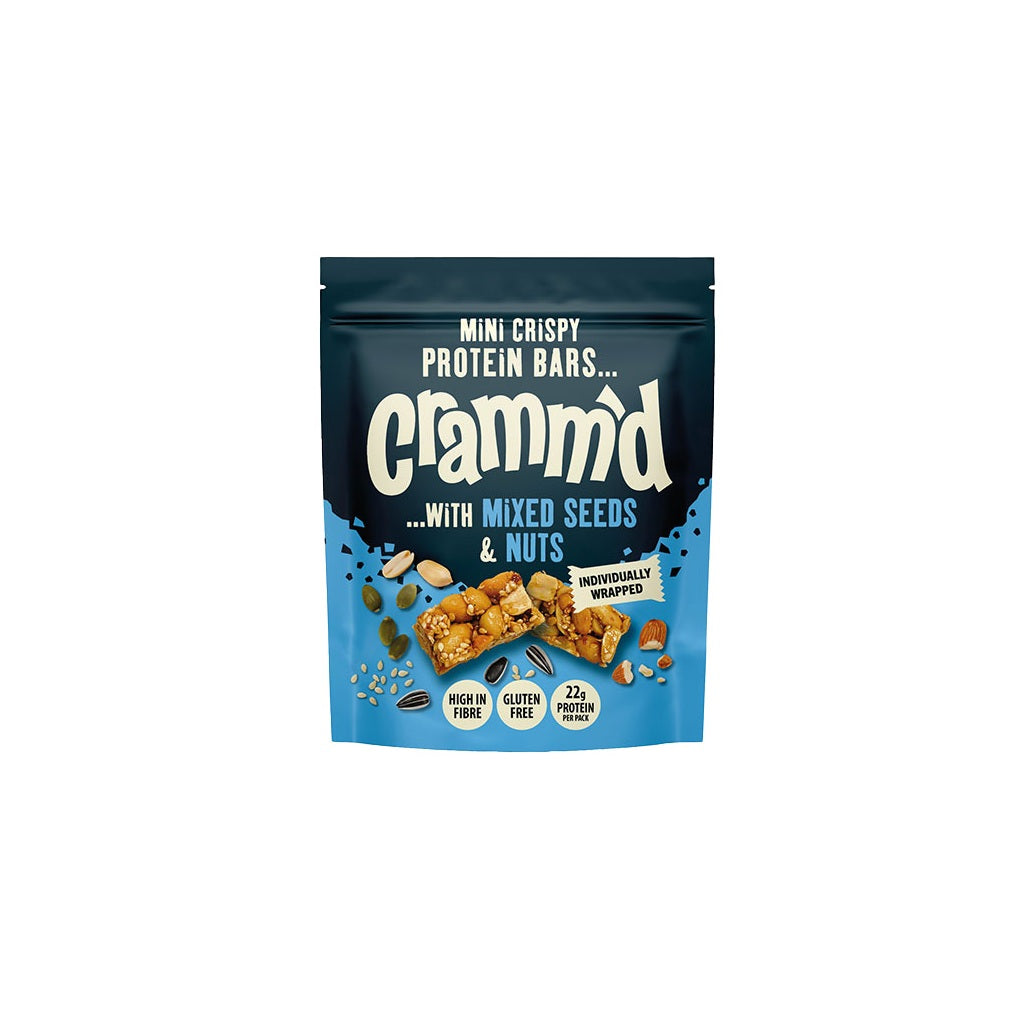 Cramm’d Mini Crispy Protein Bars with sesame, pumpkin, and mixed seeds in a multipack, showing the textured bars and seed toppings.