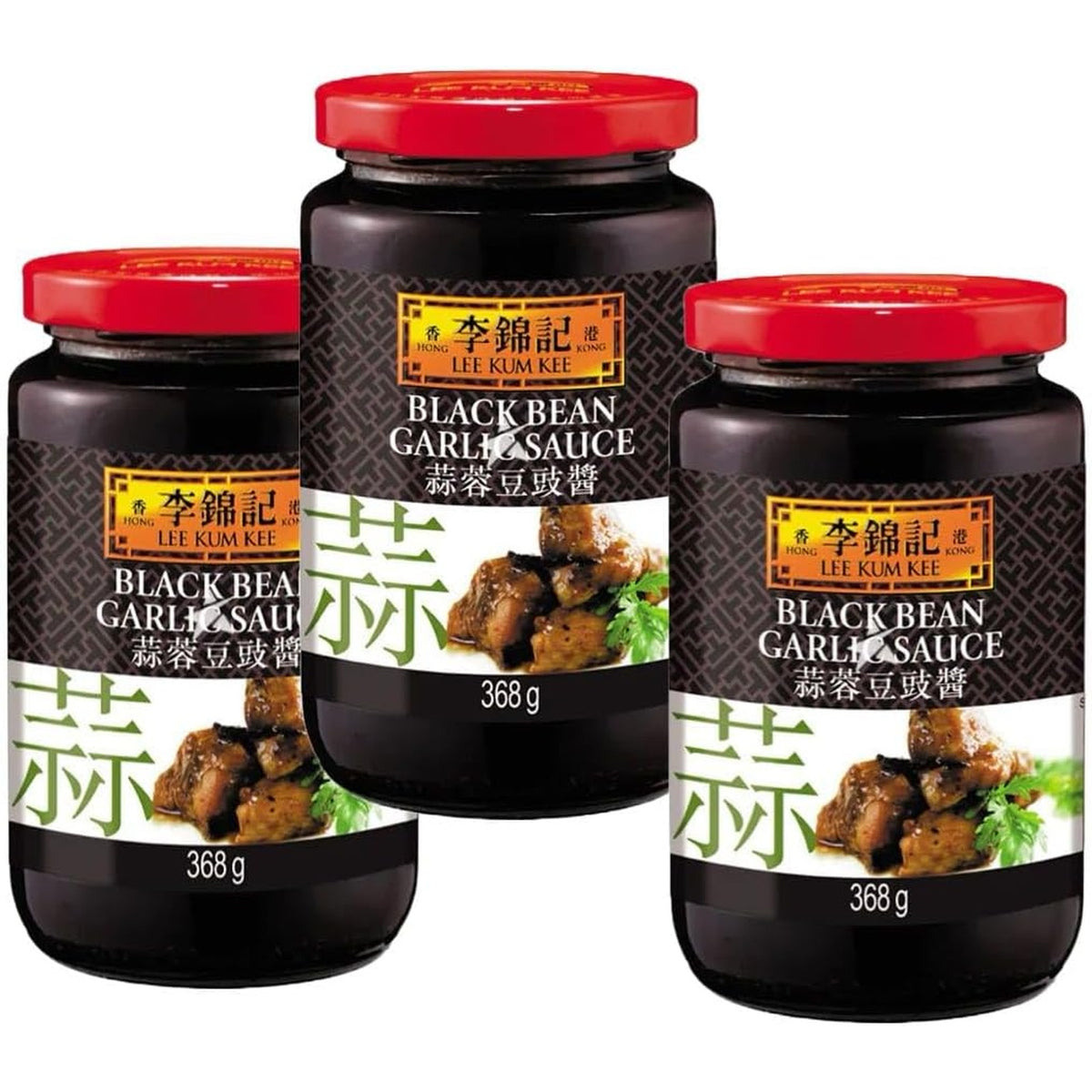 Lee Kum Kee Black Bean Garlic Sauce in 368g bottle, showcasing rich black bean and garlic ingredients for savory cooking.