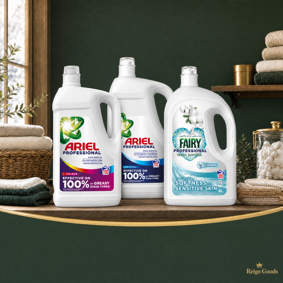 Reign Goods Laundry Essentials Bundle with assorted laundry care products displayed together