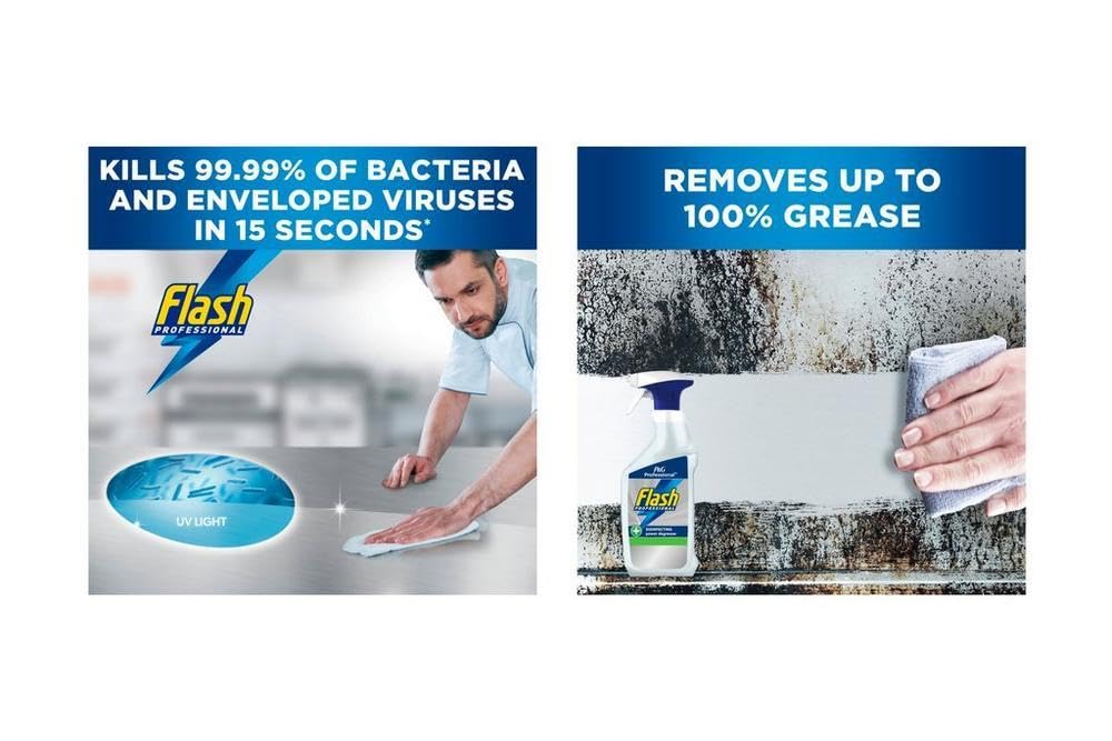 Flash Professional Disinfecting Degreaser 750ml surface cleaner bottle in a kitchen setting, showing its effectiveness against bacteria and viruses.