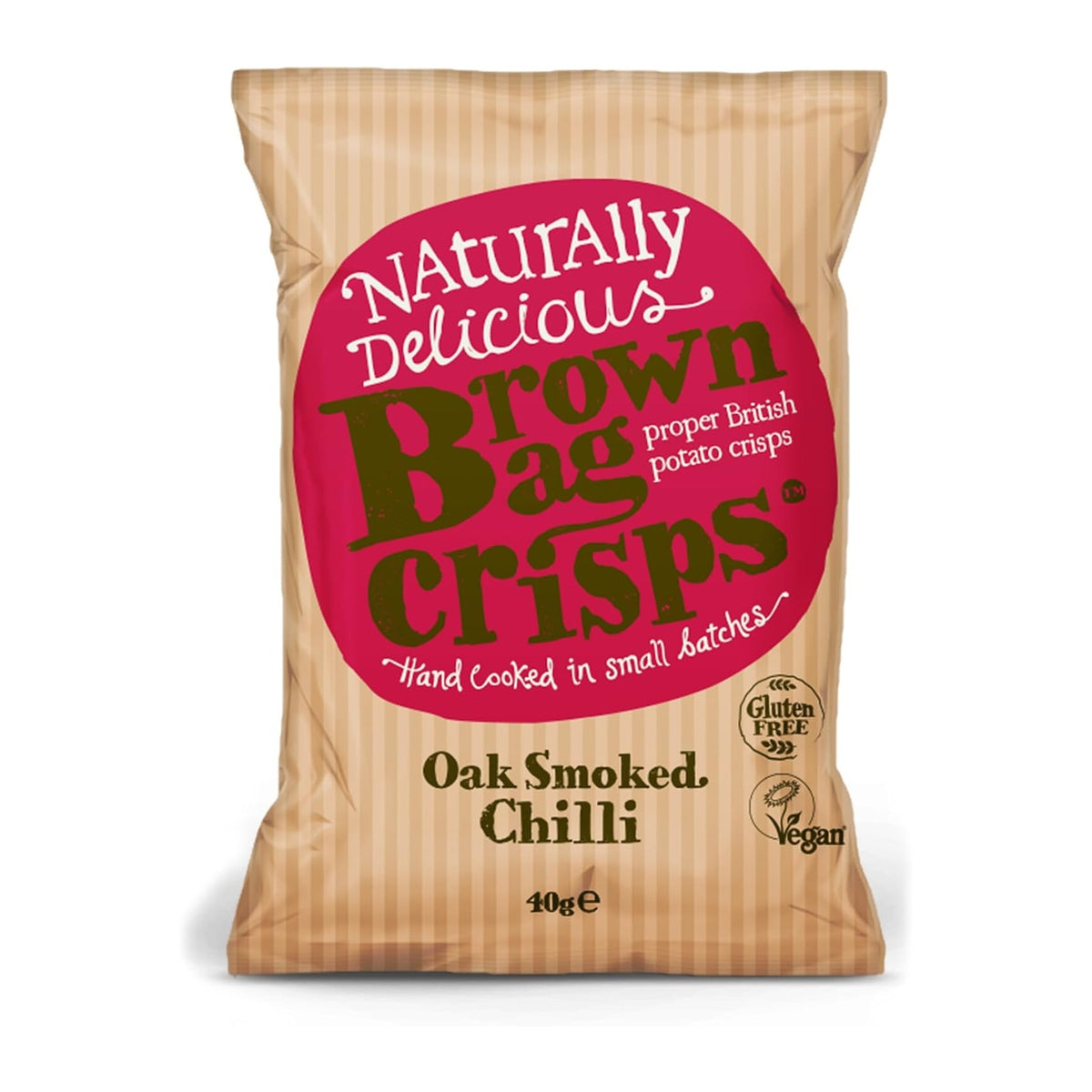 Brown Bag hand-cooked crisps in a 40g multipack, featuring oak smoked chili flavor with crispy, seasoned chips.