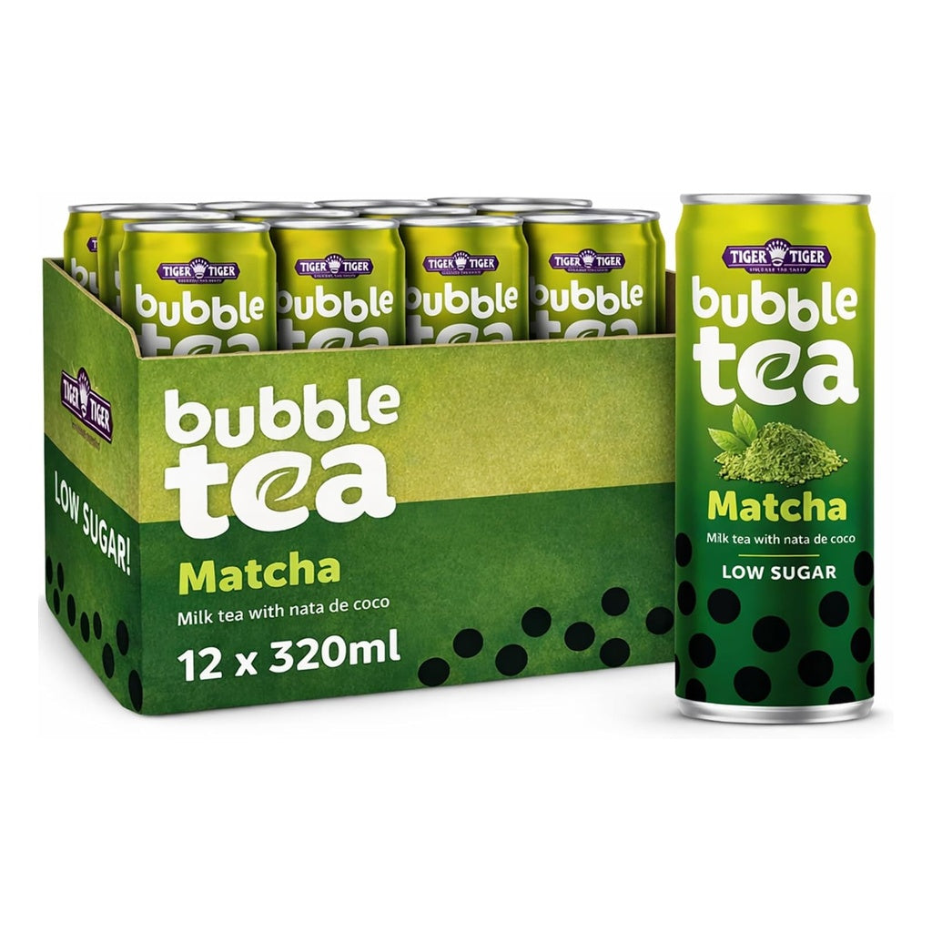 Tiger Tiger bubble tea with nata de coco, brown sugar, and matcha in a 320ml cup, ready to enjoy.