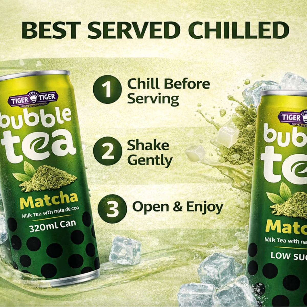 Tiger Tiger TT Bubble Tea with Nata de Coco in 320ml bottles, featuring brown sugar and matcha flavor, in a multipack.