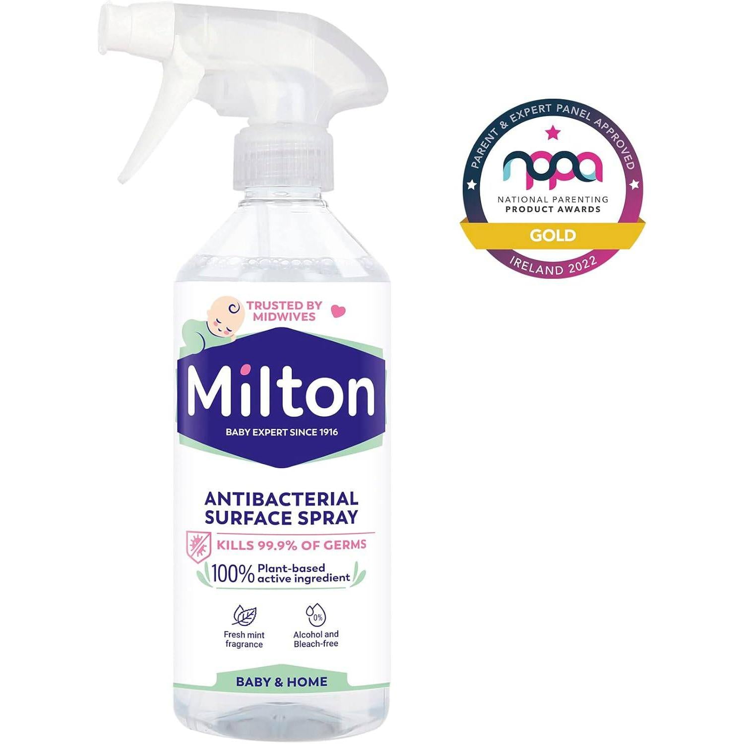 Milton antibacterial surface spray 500ml in a spray bottle, safe for baby surfaces, antibacterial disinfectant from Milton.