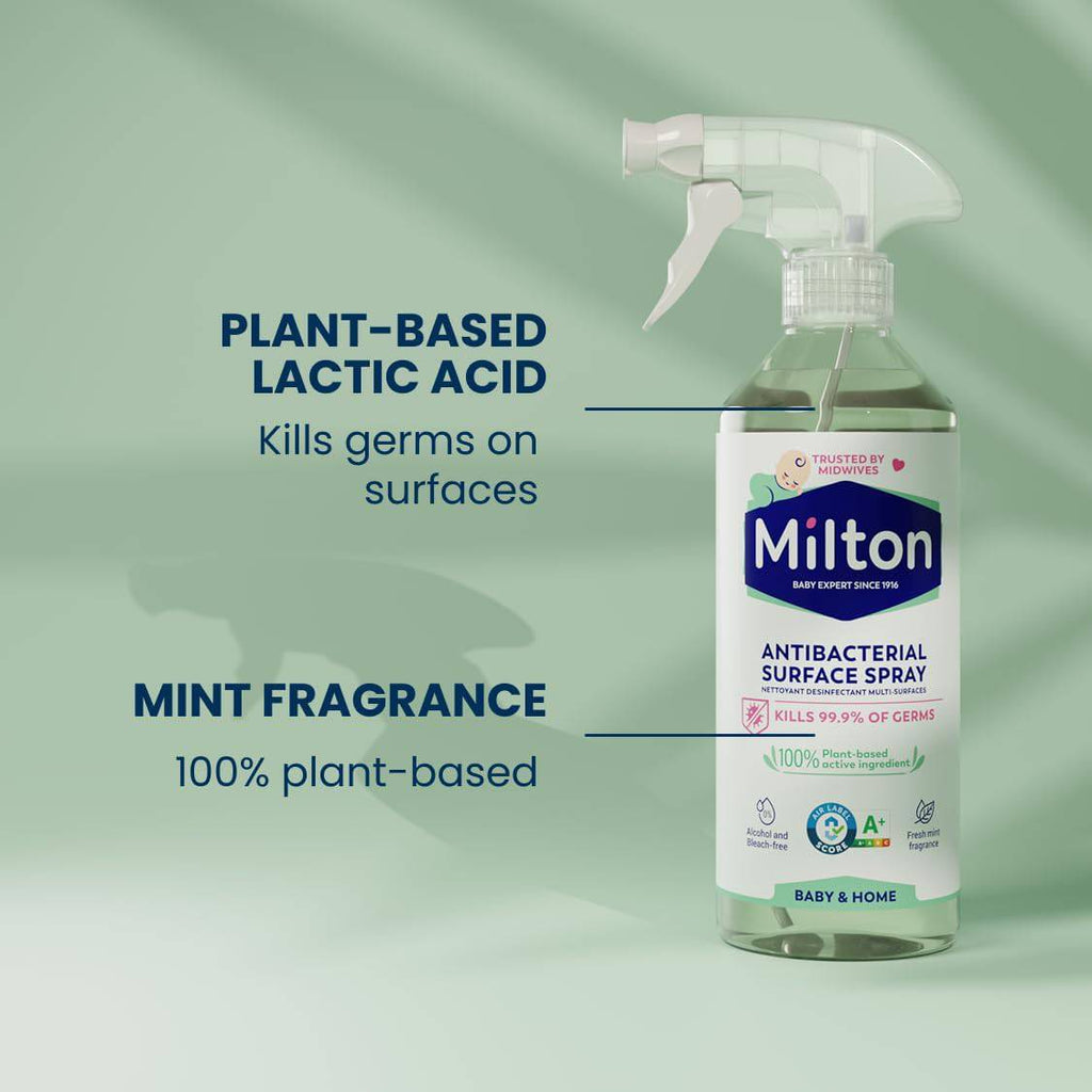 Milton antibacterial surface spray in 500ml bottle, baby-safe disinfectant, shown in multipack packaging.