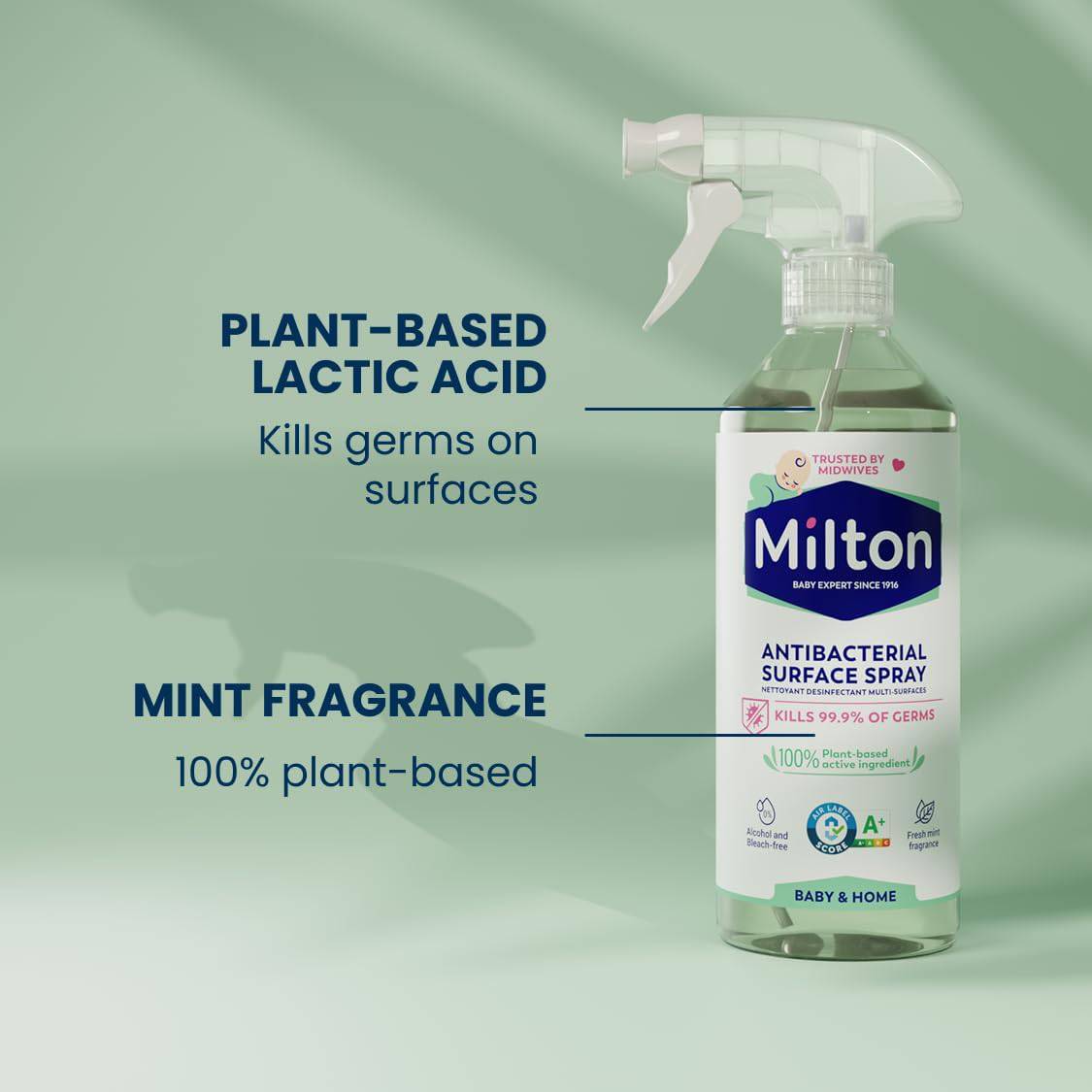 Milton antibacterial surface spray in 500ml bottle, baby-safe disinfectant, shown in multipack packaging.