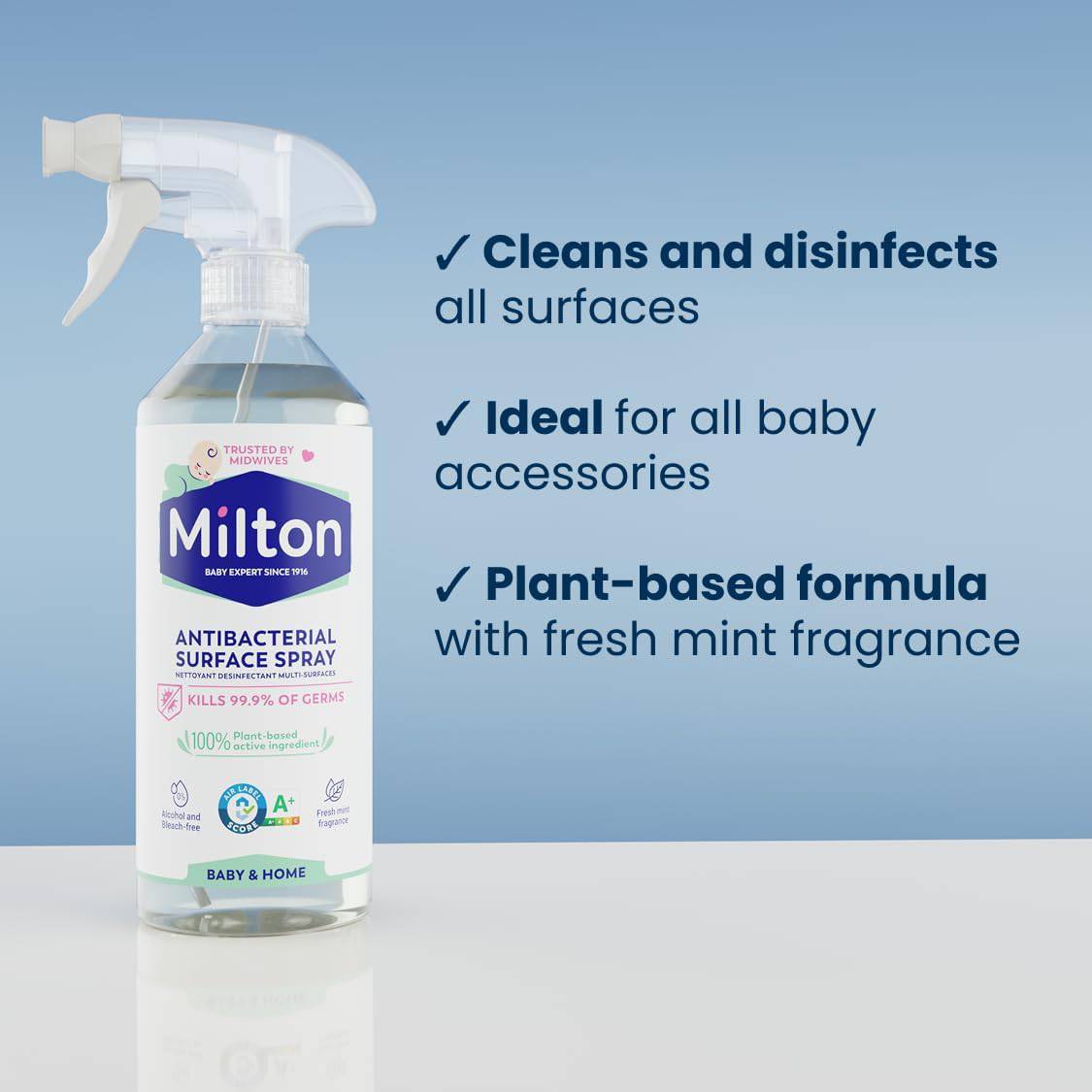 Milton antibacterial surface spray 500ml bottle, baby-safe disinfectant, shown in a multipack, ideal for cleaning household surfaces.