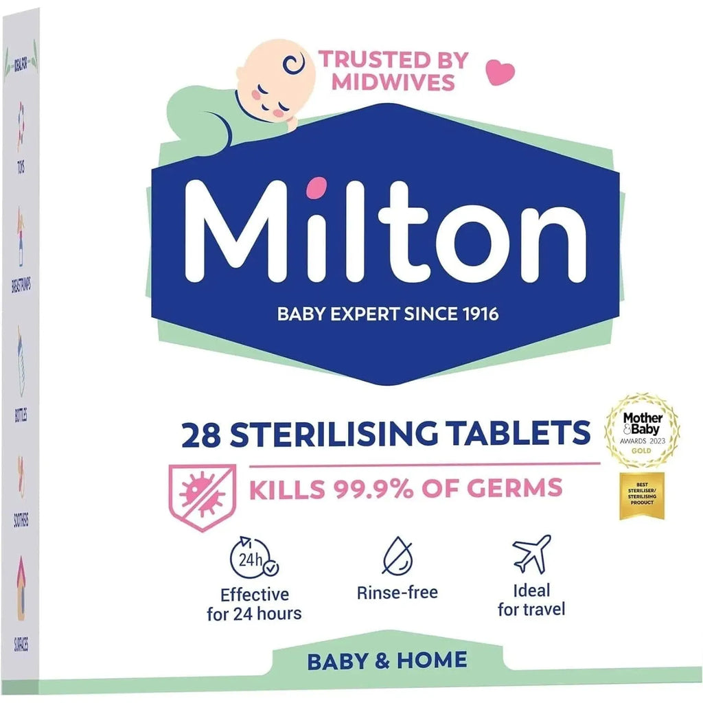 Milton sterilising tablets for cold water baby steriliser, showing a box of Milton sterilising tablets with tablets inside