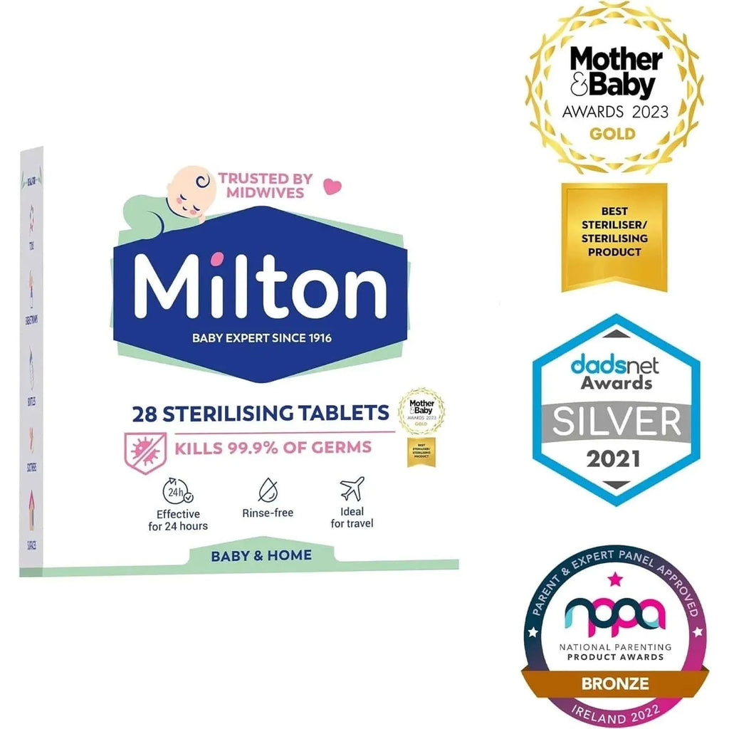 Milton sterilising tablets for cold water baby steriliser, showing the packaging with tablets inside for effective bacteria killing.