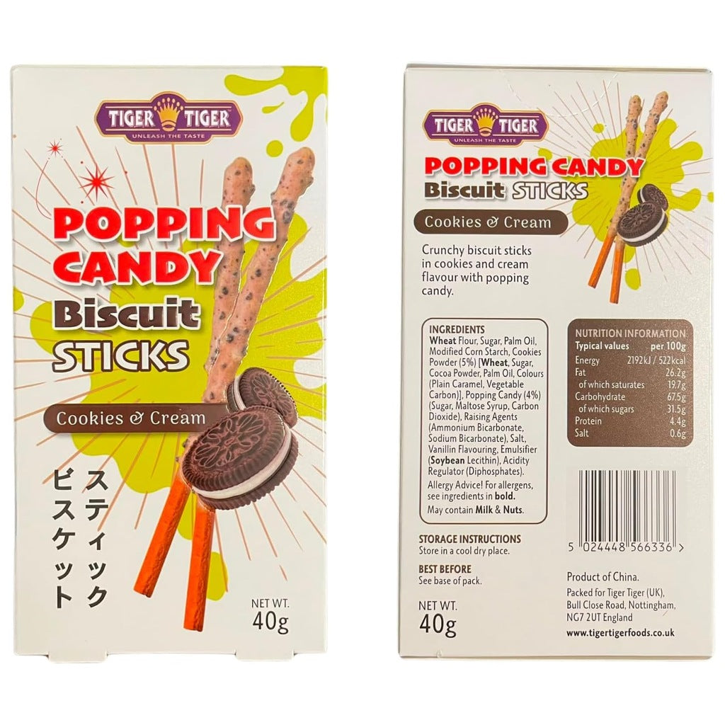 Tiger Tiger Popping Candy Biscuit Sticks in cappuccino, cookies & cream, and bubble milk tea flavors, 40g multipack, sweet snack.
