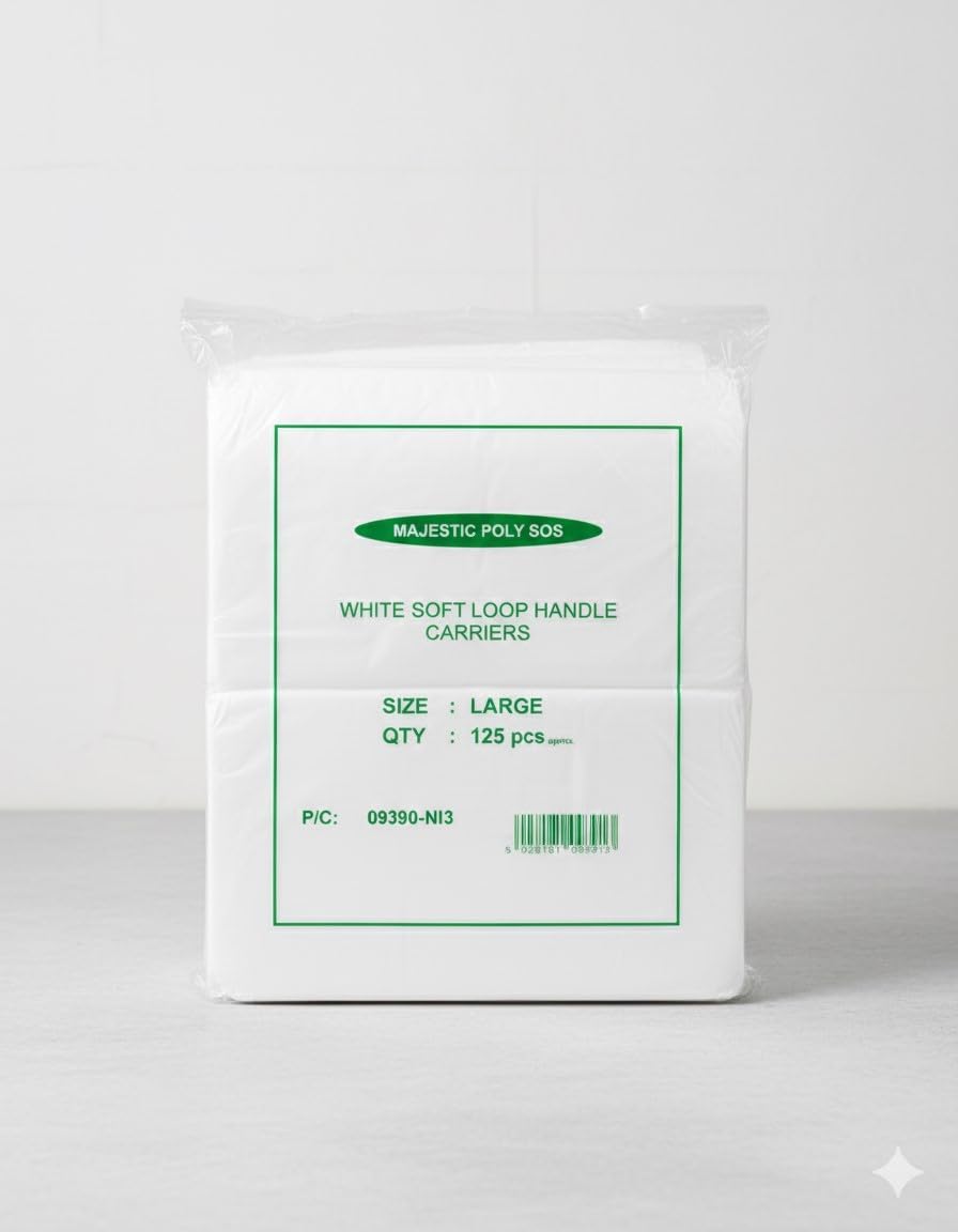 Heavy duty white plastic carrier bag with block bottom, 10x15.5x12 inches, for takeaway and retail use, Majestic brand, pack of 125.
