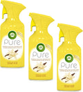 Pack of three Air Wick Pure White Vanilla air freshener sprays in 250ml bottles, featuring vanilla scent and freshening boost.