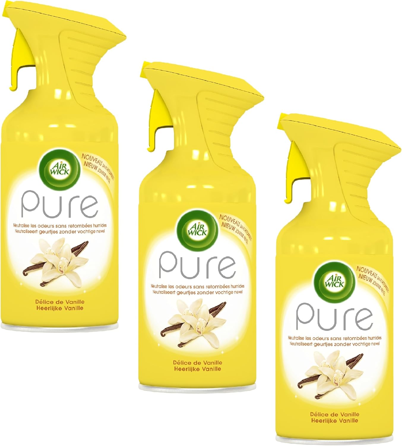 Pack of three Air Wick Pure White Vanilla air freshener sprays in 250ml bottles, featuring vanilla scent and freshening boost.