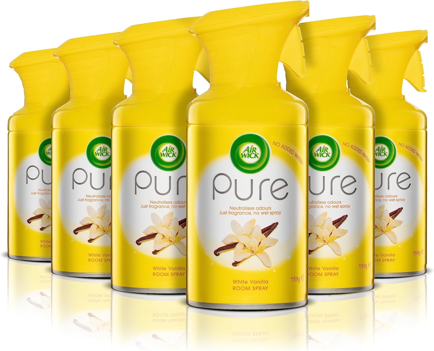 Six Air Wick Pure White Vanilla air freshener sprays in 250ml bottles, showcasing the multipack arrangement.