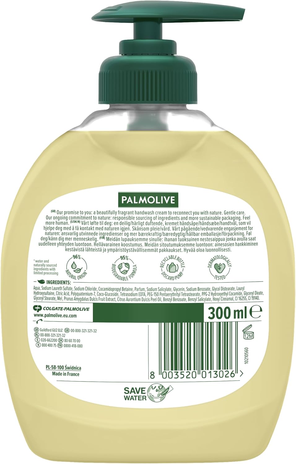 Palmolive Naturals Milk & Honey hand wash bottle with soft, nourishing liquid soap and soap-free formula, dermatologically tested.