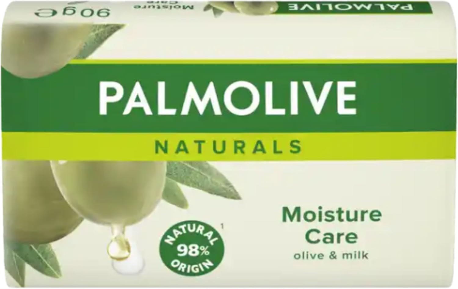 Palmolive Naturals Moisture Care soap bars with olive and milk, gentle daily hand and body soap in a multipack of 90g bars.