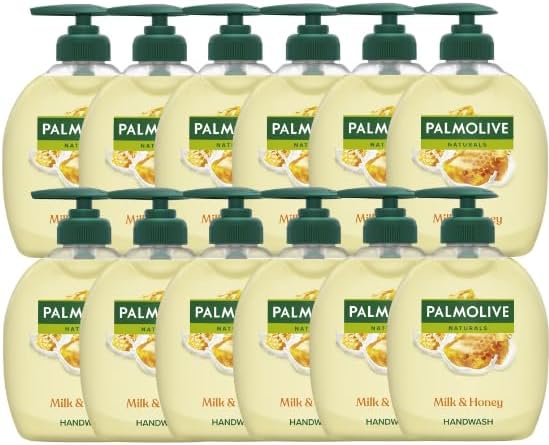 Pack of 12 Palmolive Naturals Milk & Honey handwash bottles, soft nourishing liquid hand soap with soap-free formula