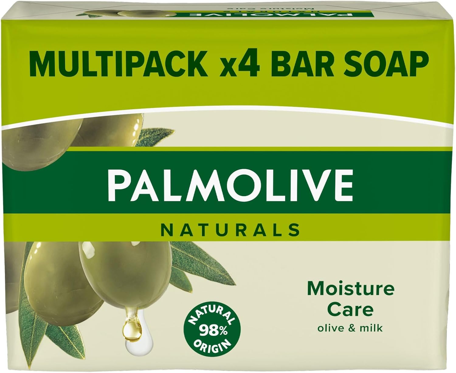 Palmolive Naturals Moisture Care soap bars with olive and milk, gentle daily hand and body soap, multipack of 90g bars.