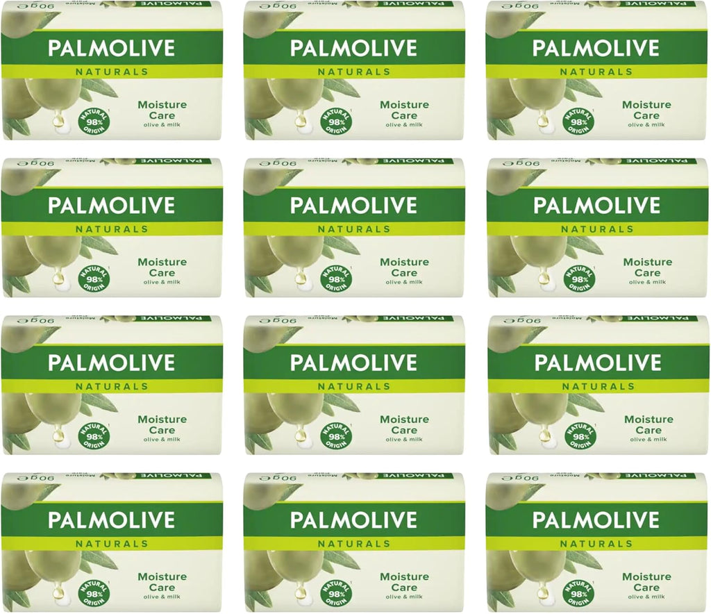 Set of 12 Palmolive Naturals Moisture Care soap bars with olive and milk, gentle daily hand and body soap in 90g packs.
