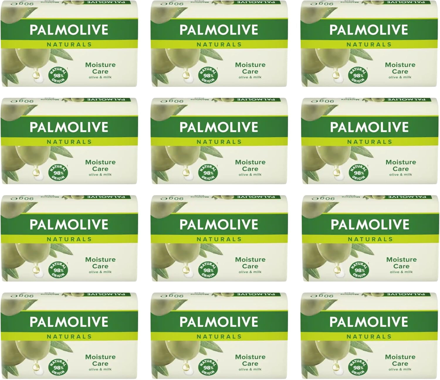 Set of 12 Palmolive Naturals Moisture Care soap bars with olive and milk, gentle daily hand and body soap in 90g packs.
