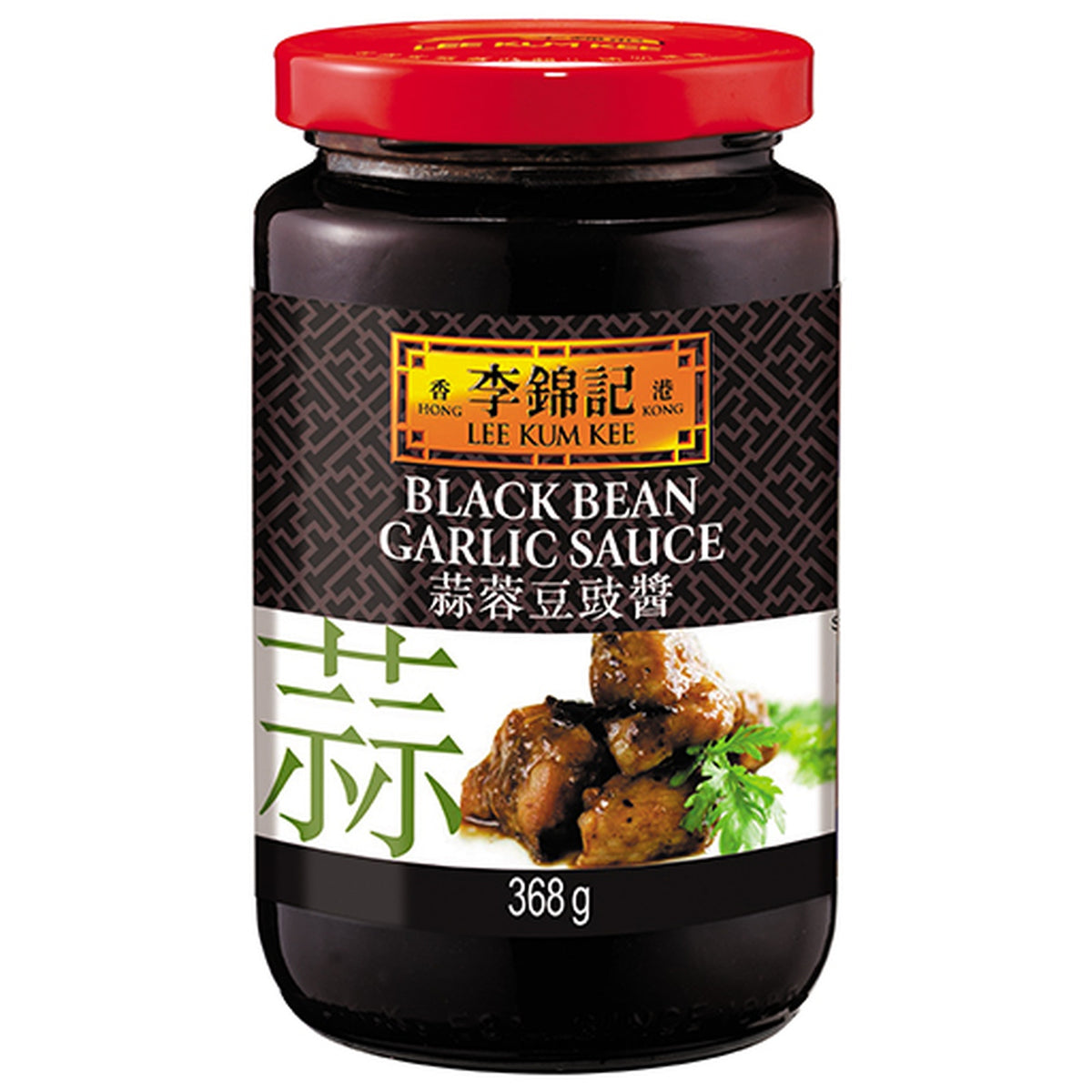 Lee Kum Kee Black Bean Garlic Sauce in a 368g bottle, showcasing the rich, dark sauce used for flavorful cooking.
