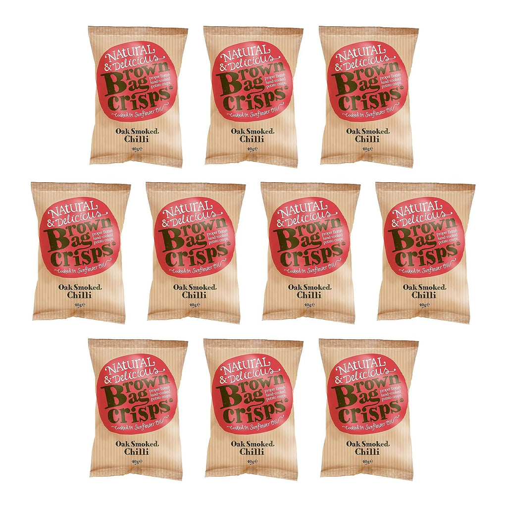 Brown Bag hand-cooked crisps in a 40g multipack, featuring oak smoked chilli flavor with crispy, golden-brown texture.