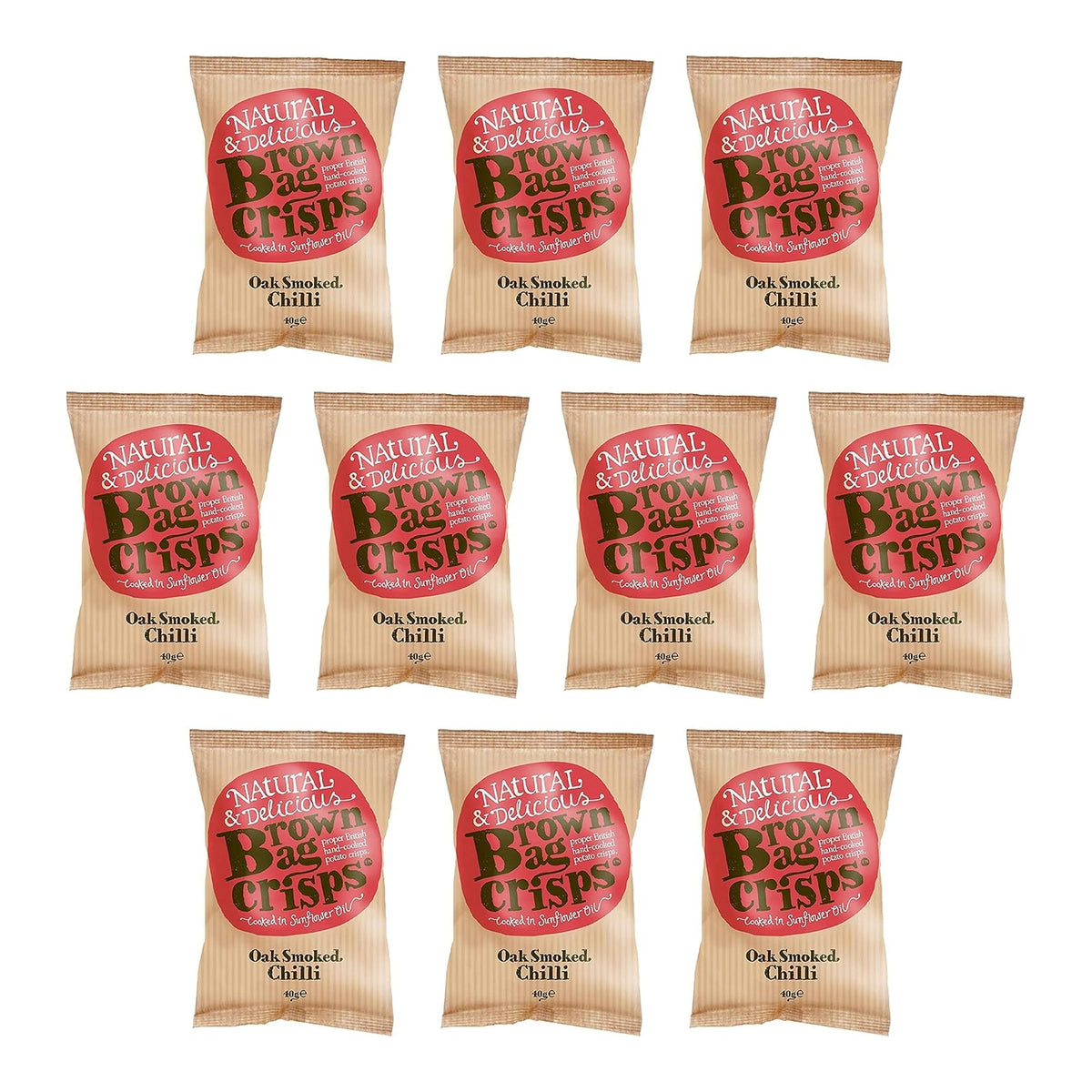 Brown Bag hand-cooked crisps in a 40g multipack, featuring oak smoked chilli flavor with crispy, golden-brown texture.