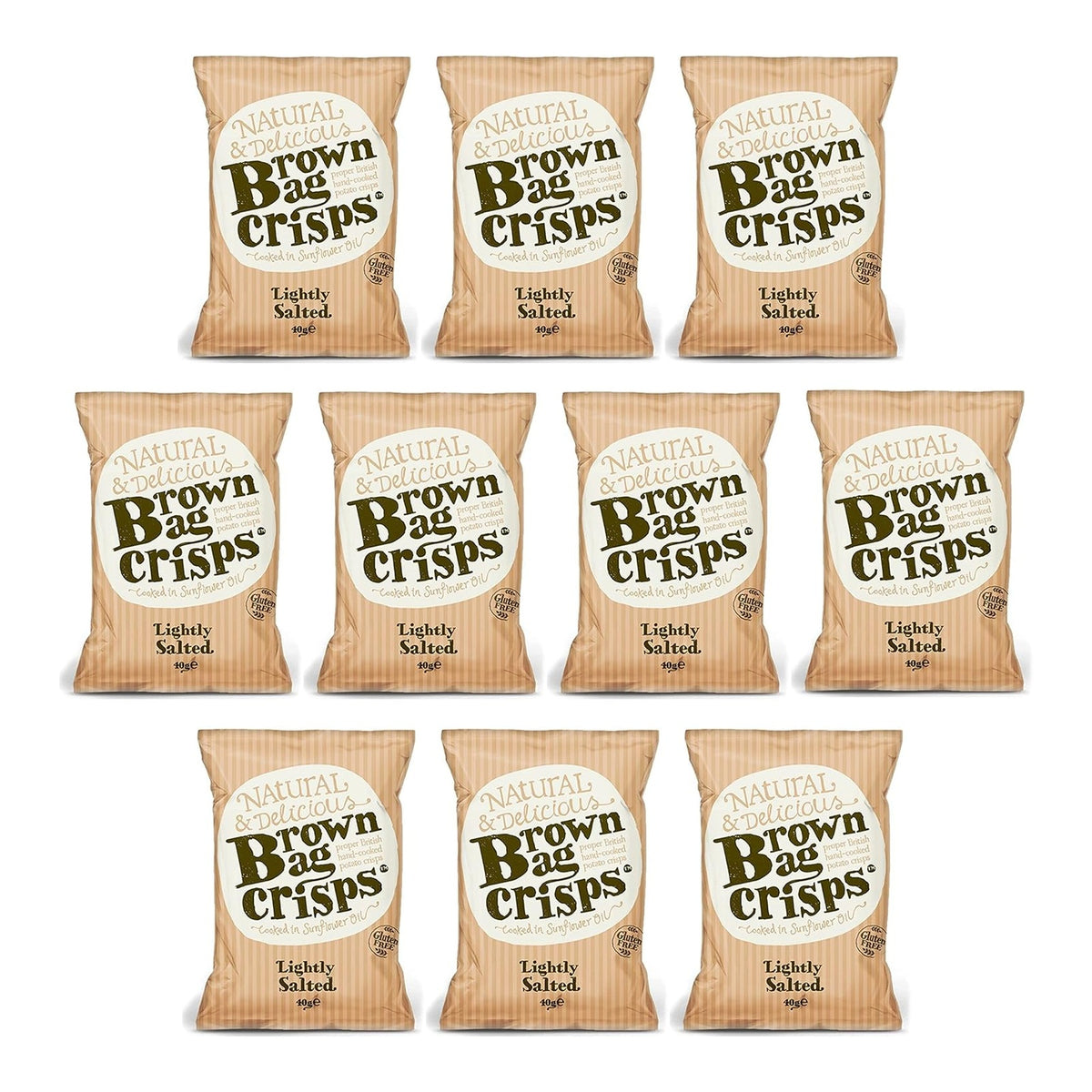 Brown Bag Lightly Salted Hand Cooked Crisps in a 40g multipack, showing golden, crispy potato snacks in a clear bag.