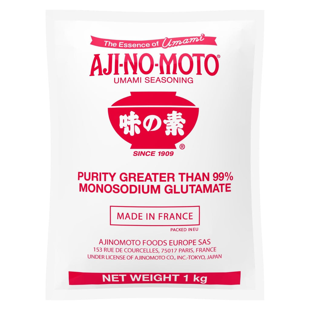 Ajinomoto Monosodium Glutamate MSG seasoning 1kg pack, showing white granulated umami flavor enhancer in a resealable bag.