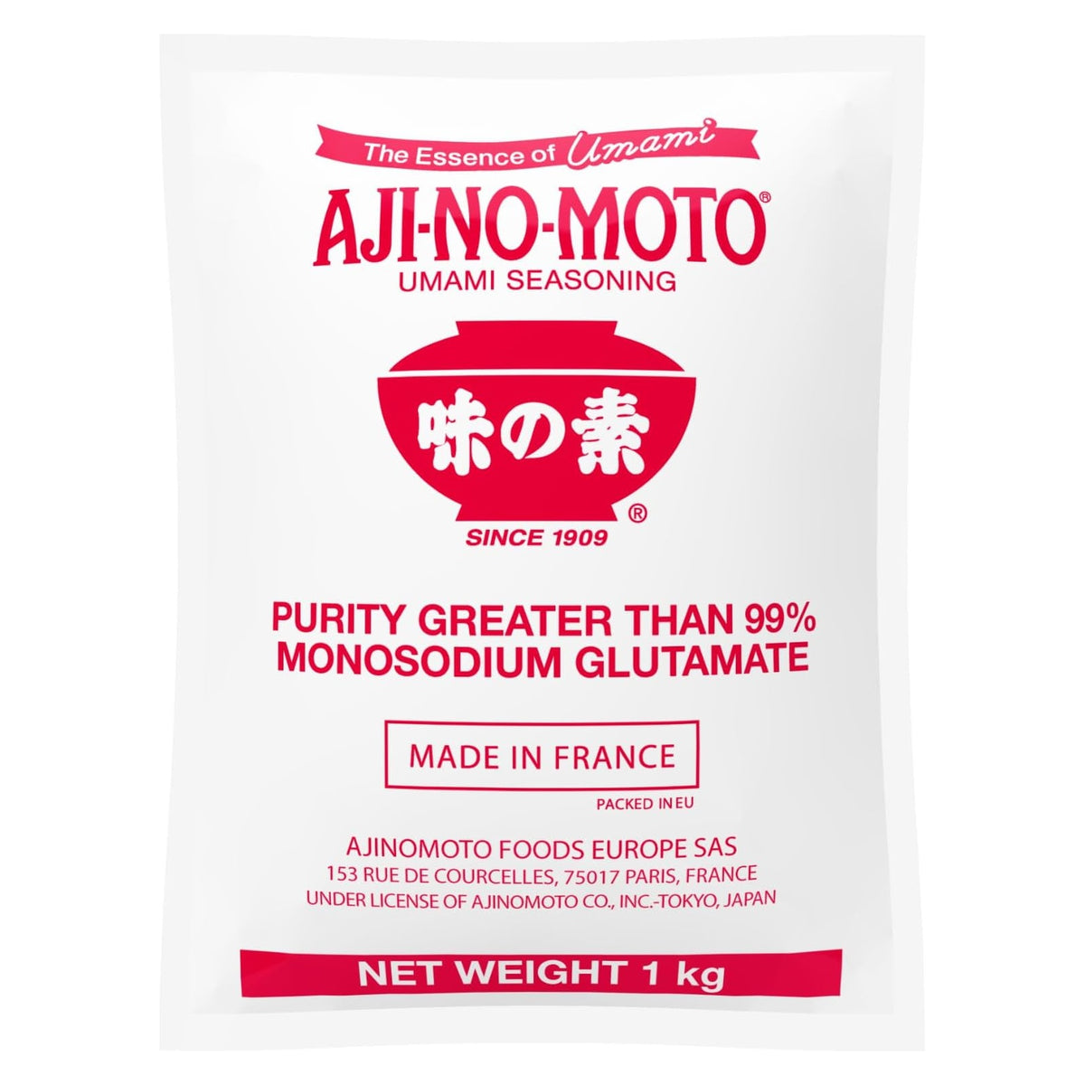 Ajinomoto Monosodium Glutamate MSG seasoning 1kg pack, showing white granulated umami flavor enhancer in a resealable bag.