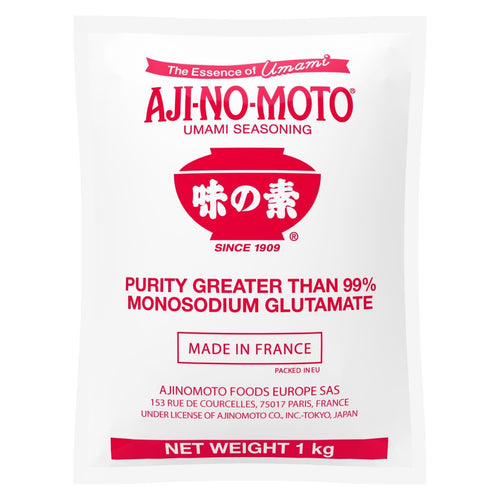Ajinomoto Monosodium Glutamate MSG seasoning 1kg pack, showing white granulated umami flavor enhancer in a resealable bag.
