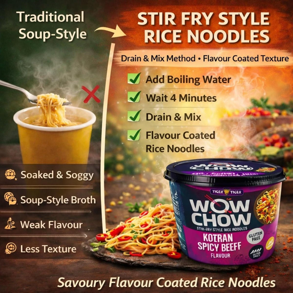Tiger Tiger WOW CHOW stir-fry style rice noodles 76g pack, showing the cooked noodles with vegetables in a bowl.