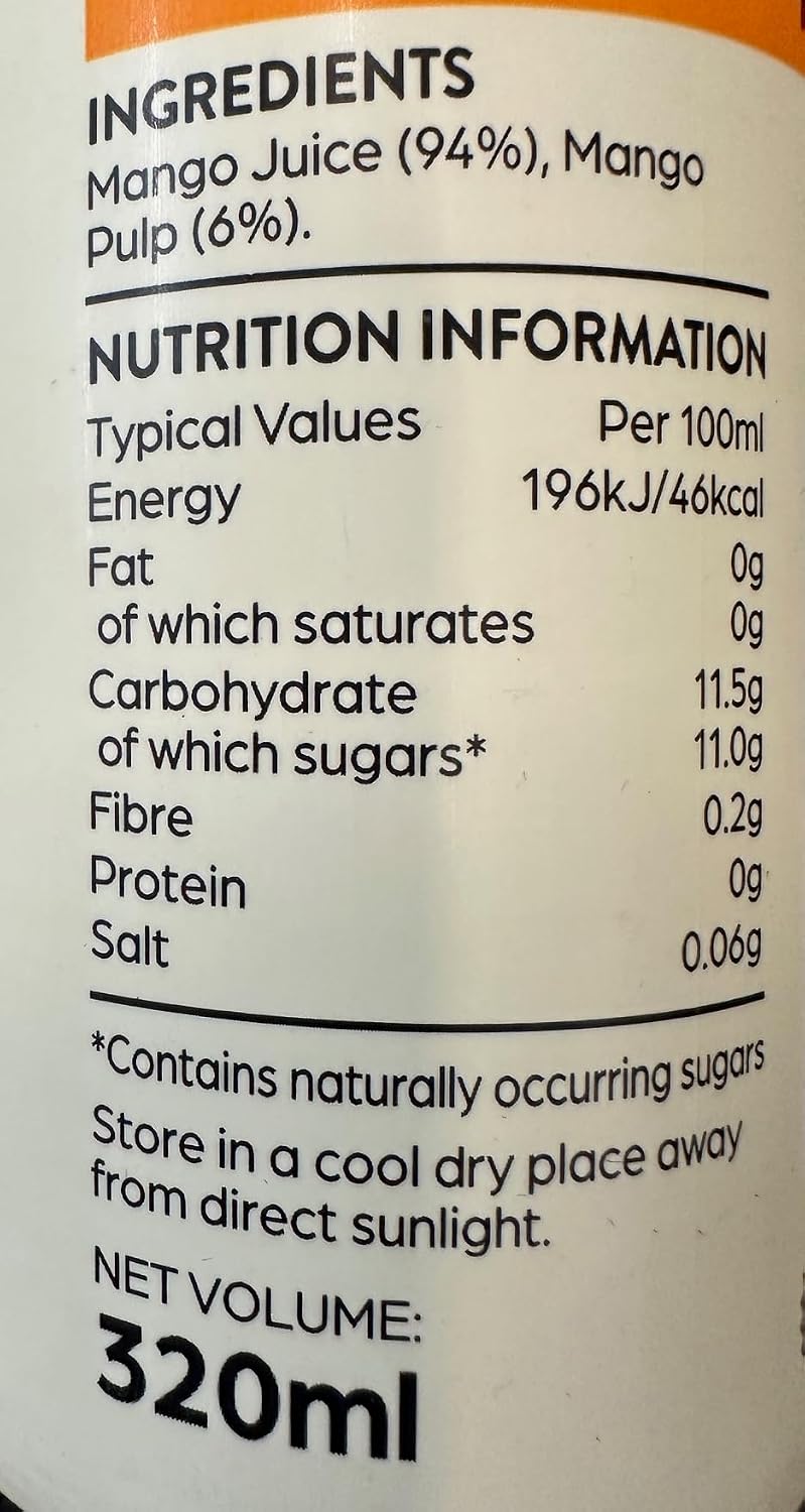 Tiger Tiger Mango Juice with Pulp 320ml in a clear bottle, showing fresh mango pulp and ingredient list on the label.