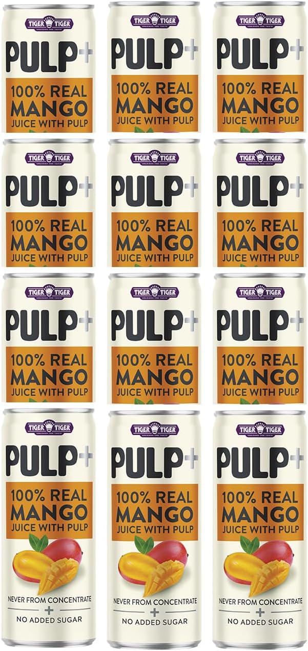 Pack of 12 Tiger Tiger Mango Juice with Pulp bottles, 320ml each, showcasing vibrant mango juice in clear bottles