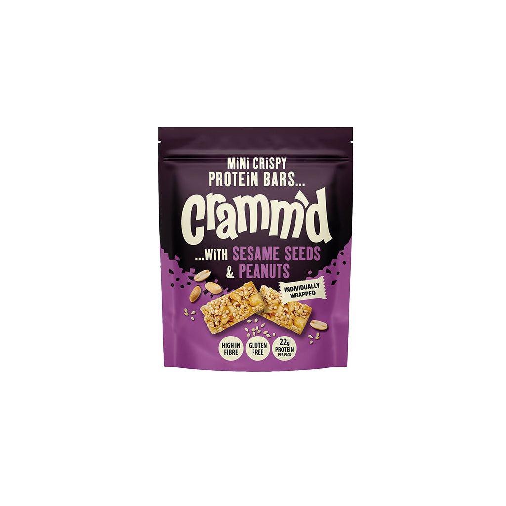 Cramm’d Mini Crispy Protein Bars with sesame, pumpkin, and mixed seeds in a multipack, showing the seed-filled snack bars.