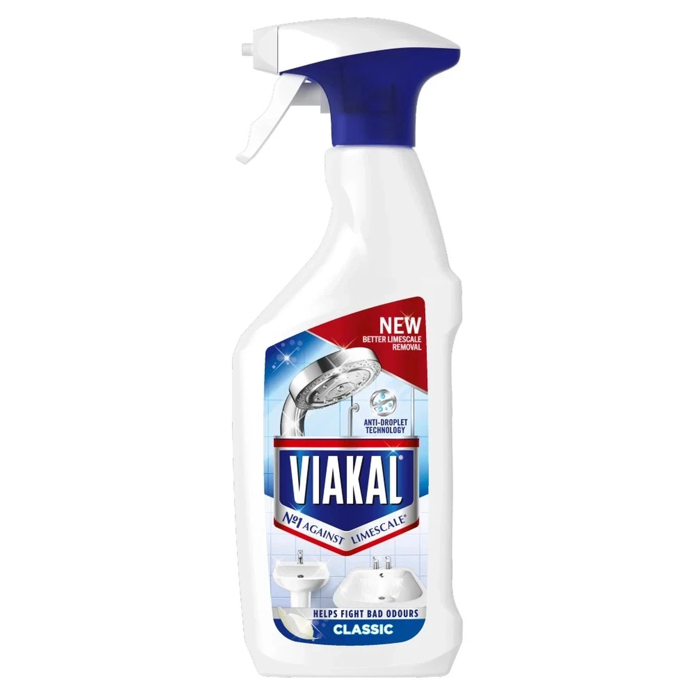 Viakal Professional Limescale Remover spray in 500ml bottle, disinfects and kills 99.99% of bacteria and viruses.