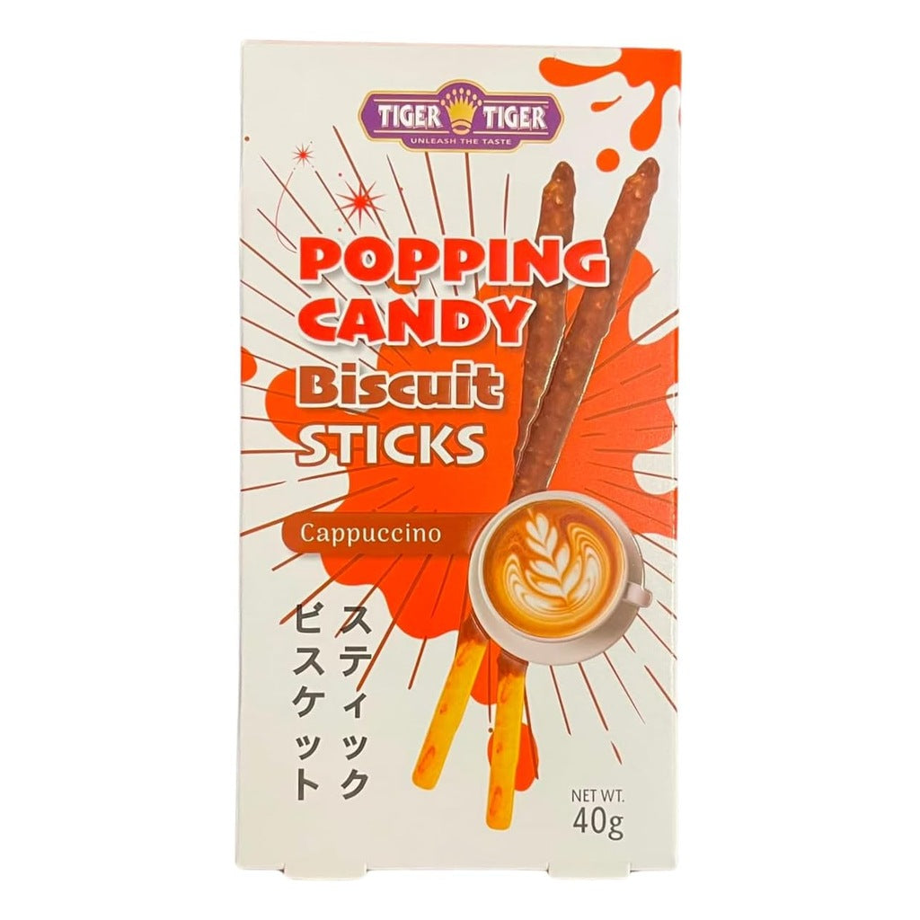 Tiger Tiger popping candy biscuit sticks in cappuccino, cookies & cream, and bubble milk tea flavors, 40g multipack.