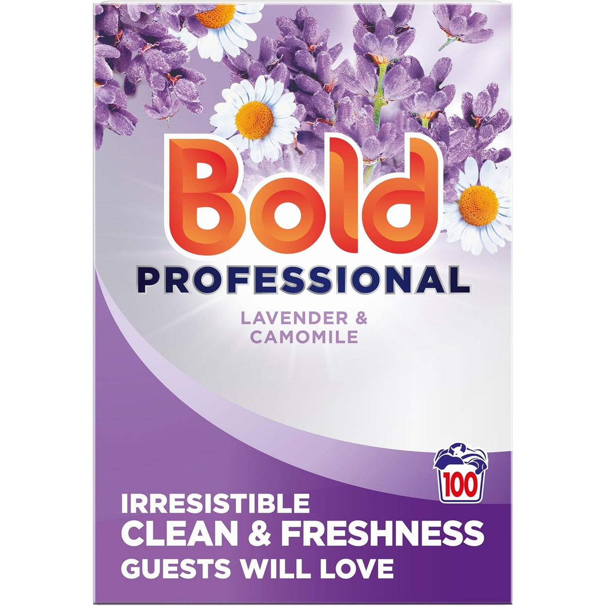 Bold Professional 2-in-1 lavender and camomile washing powder 5.5kg container, designed for 100 washes, with a clean, white packaging.