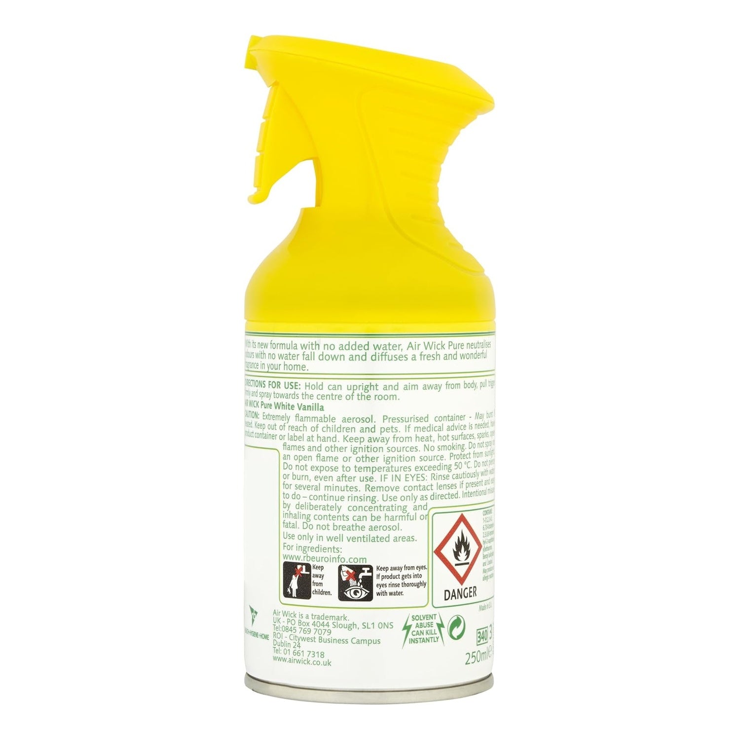 Air Wick Pure White Vanilla air freshener spray bottle, 250ml, shown in multipack, with white and vanilla-themed packaging.