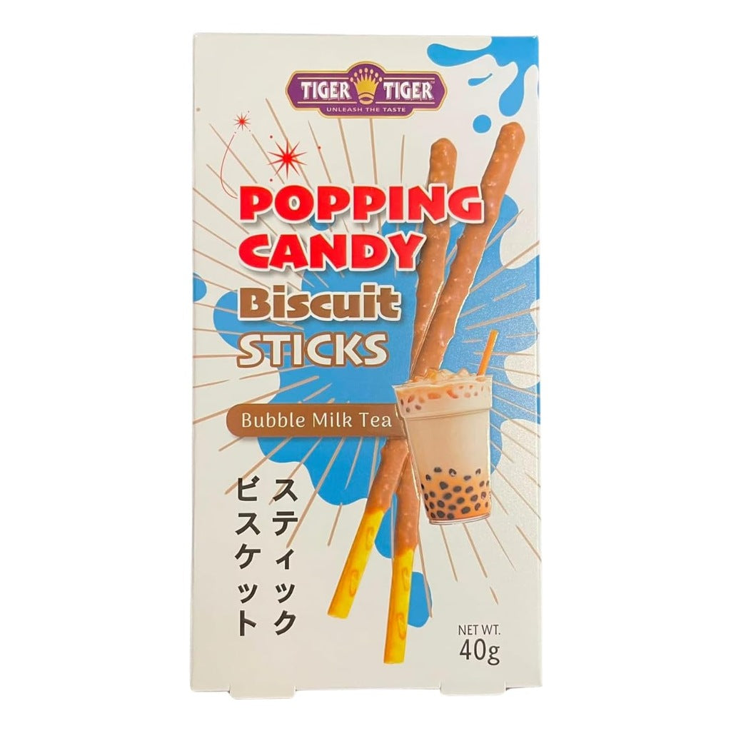 Tiger Tiger popping candy biscuit sticks in cappuccino, cookies & cream, and bubble milk tea flavors, 40g multipack.