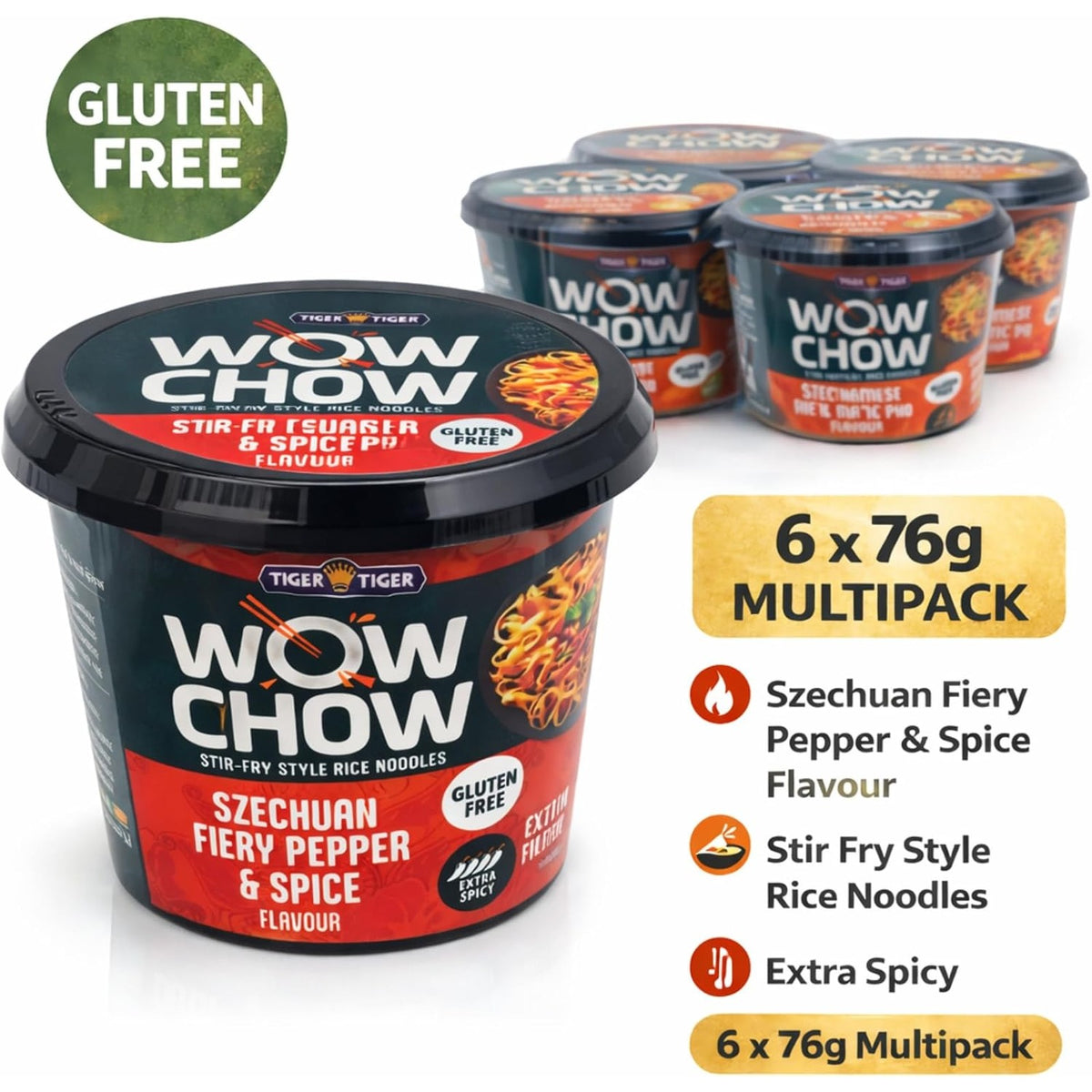 Tiger Tiger WOW CHOW stir-fry style rice noodles 76g pack, instant rice noodles with vibrant packaging and fresh noodle appearance
