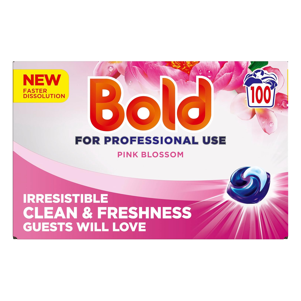 Bold Professional Pink Blossom laundry detergent capsules, all-in-1 washing pods for effective stain removal and fresh scent.