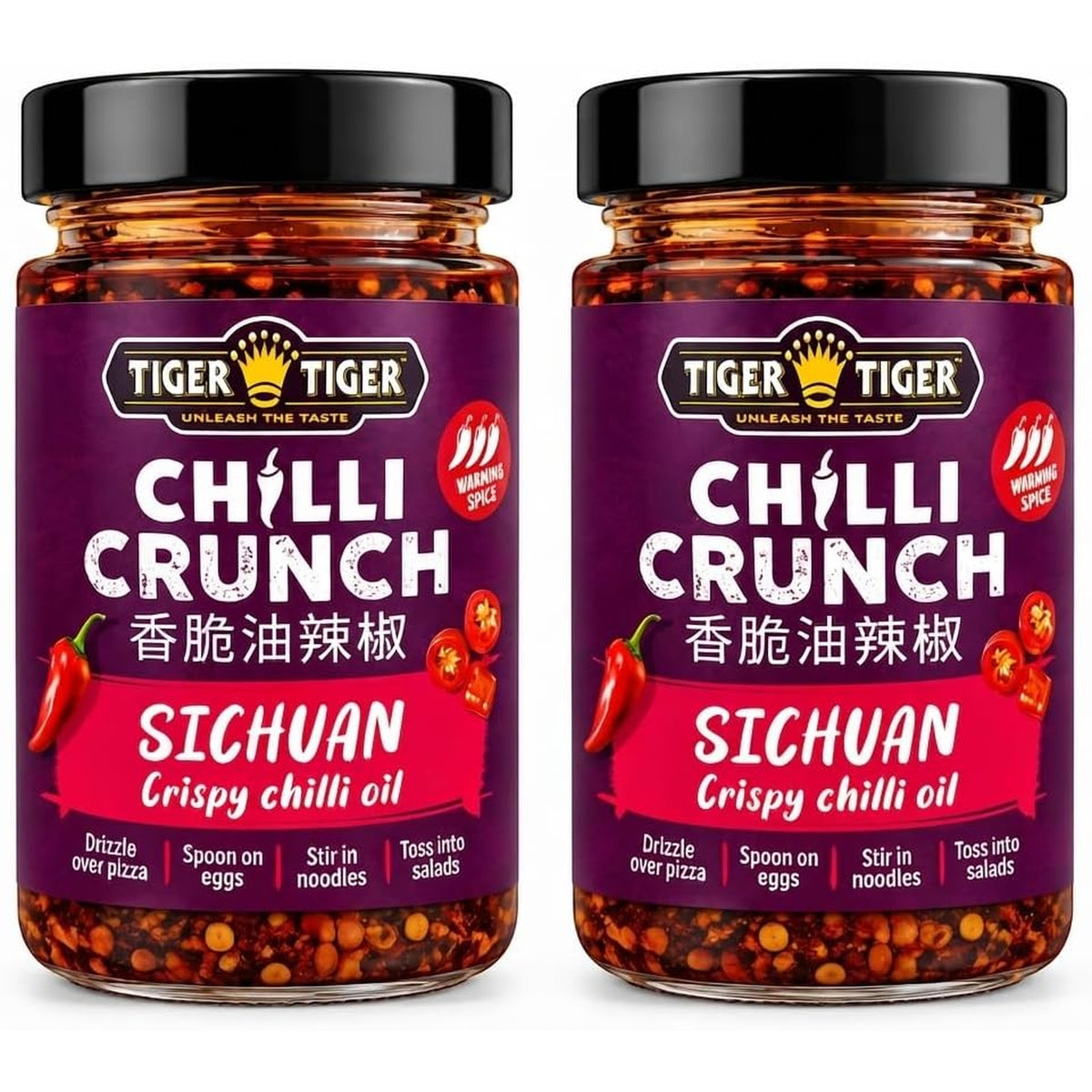 Tiger Tiger Chilli Crunch Sichuan crispy chilli oil in a 170g bottle, featuring vibrant red oil and chili flakes.