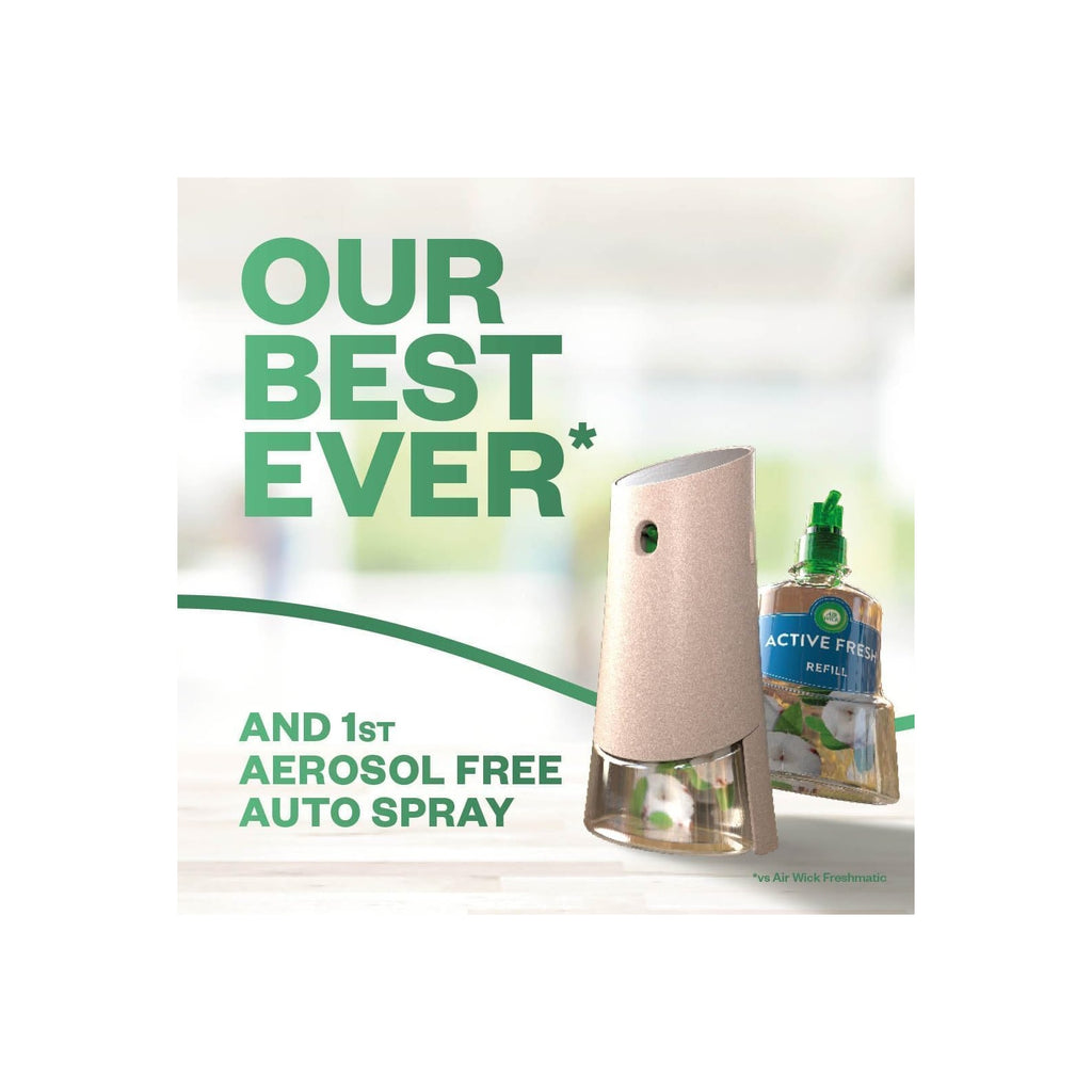 Air Wick Freshmatic Autospray air freshener kit with cherry blossom or eucalyptus & freesia scent, featuring sleek white dispenser.