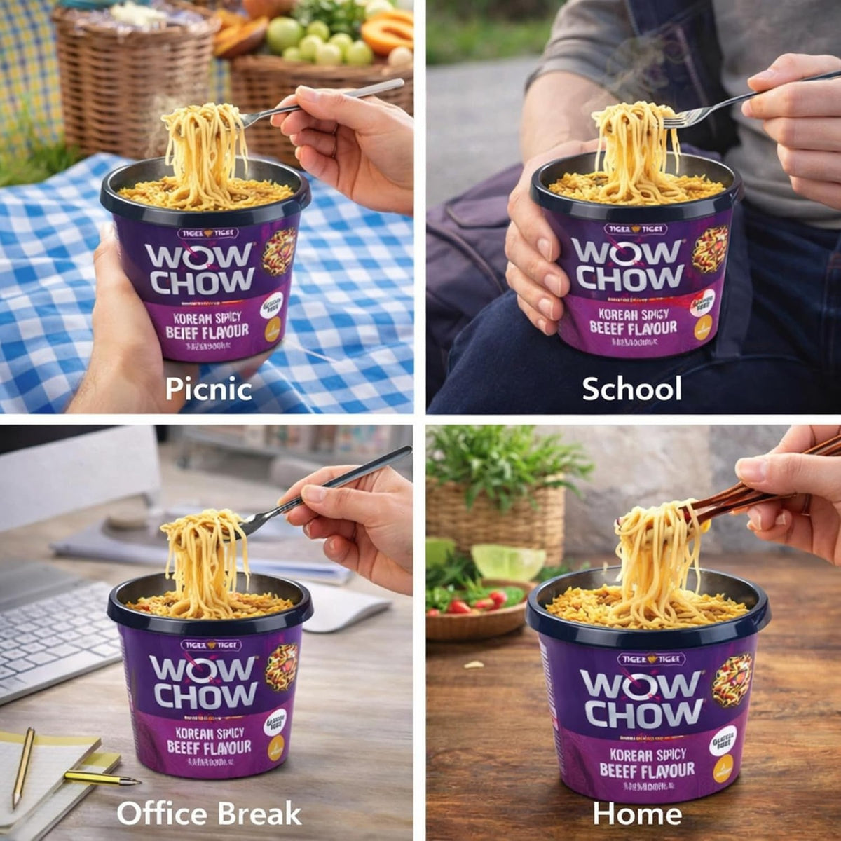 Six packs of Tiger Tiger WOW CHOW stir-fry style instant rice noodles, 76g each, with colorful noodle packaging.