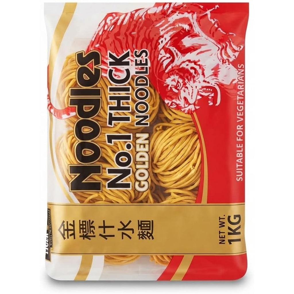 Tiger Tiger No.1 Thick Golden Noodles 1kg multipack, showing a close-up of the uncooked noodles with a golden color and textured surface.