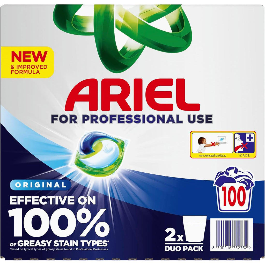 Ariel Professional Liquipods all-in-one laundry pods, 50 and 100 count, arranged in bulk packaging for effective washing.