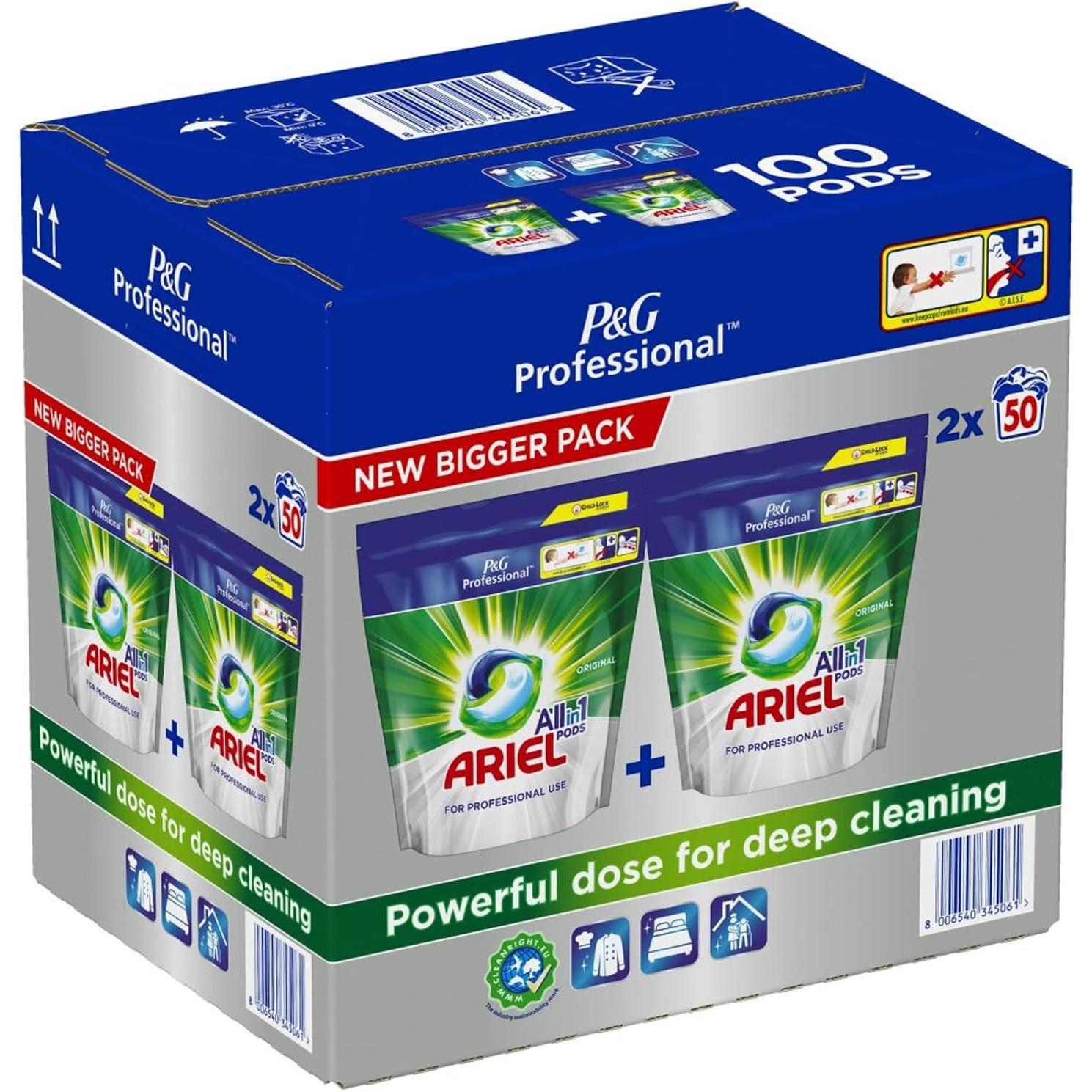Ariel Professional Liquipods All-in-One laundry pods in a bulk pack of 50 and 100, showing white pods with blue and yellow accents.